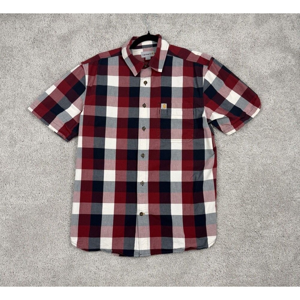 Carhartt Mens L Regular Fit Short Sleeve Plaid Button Up Shirt Pockets Red